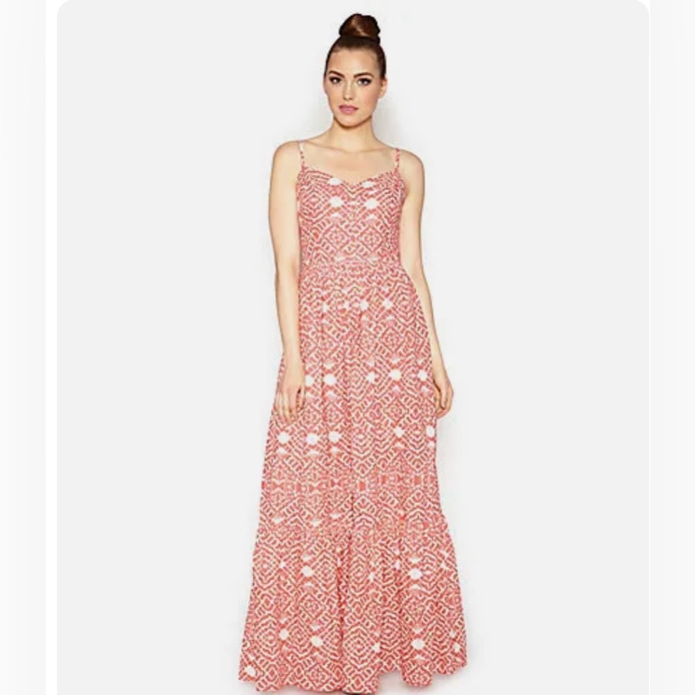 BetseyJohnson SZ 2  Coral Aztec Print Spaghetti Strap Tiered Linen Maxi…